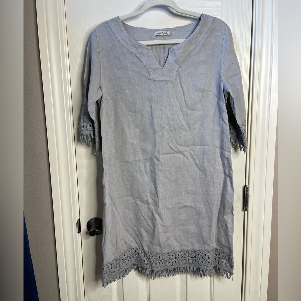 Alessia Pacini Lace 100% Linen Shift Dress, Gray, Size Small, Made In Italy